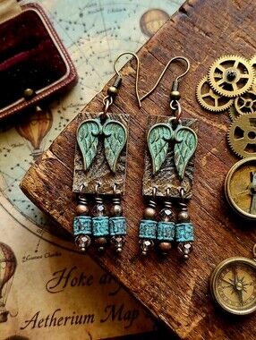 Artisan Angel Wing Earrings with Turquoise and Brown Beads